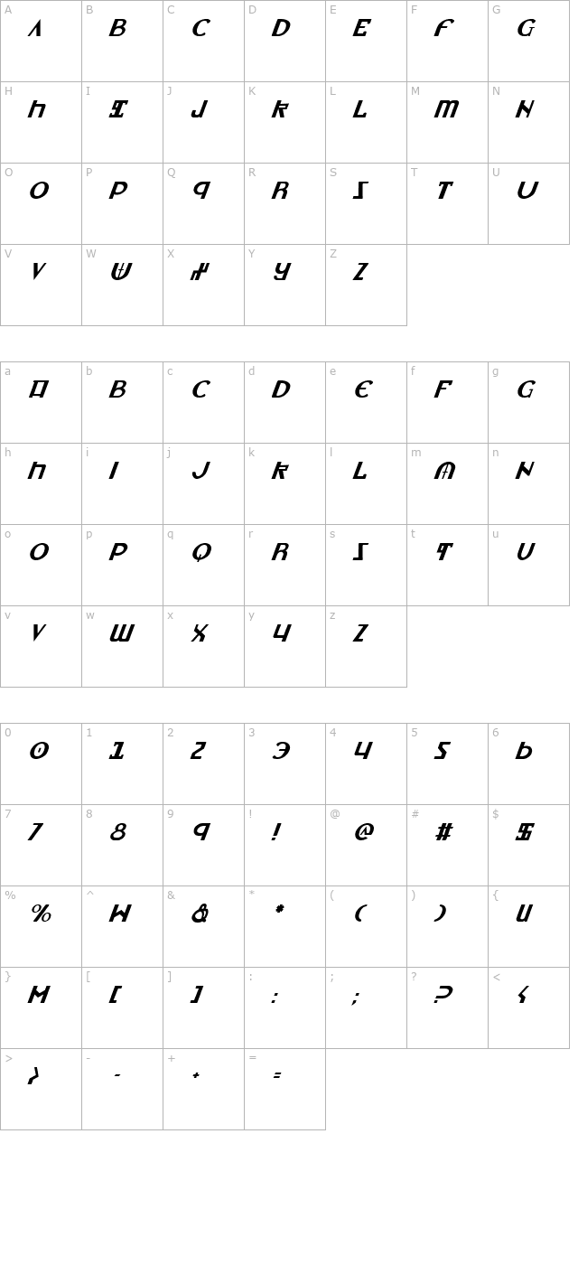 lionheart-italic character map