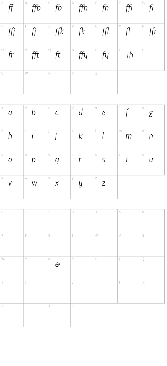 lisboasansligatureslight-italic character map