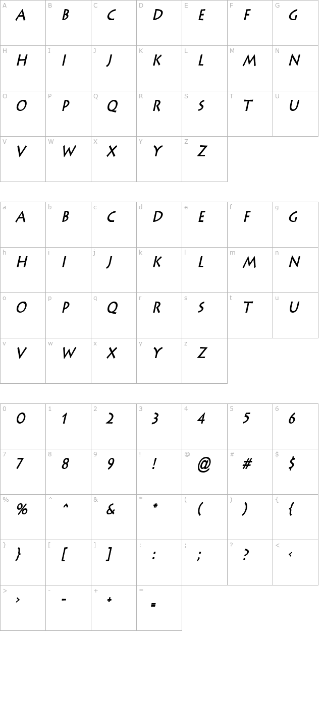 Liste Condensed Bold Italic character map