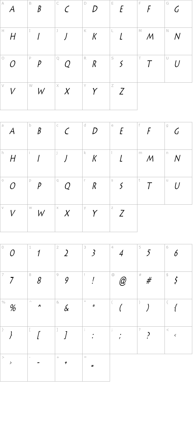 liste-thin-italic character map