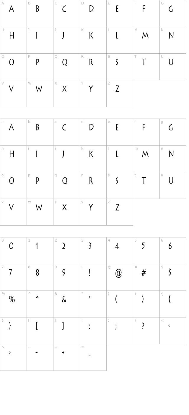 Liste Thin Normal character map