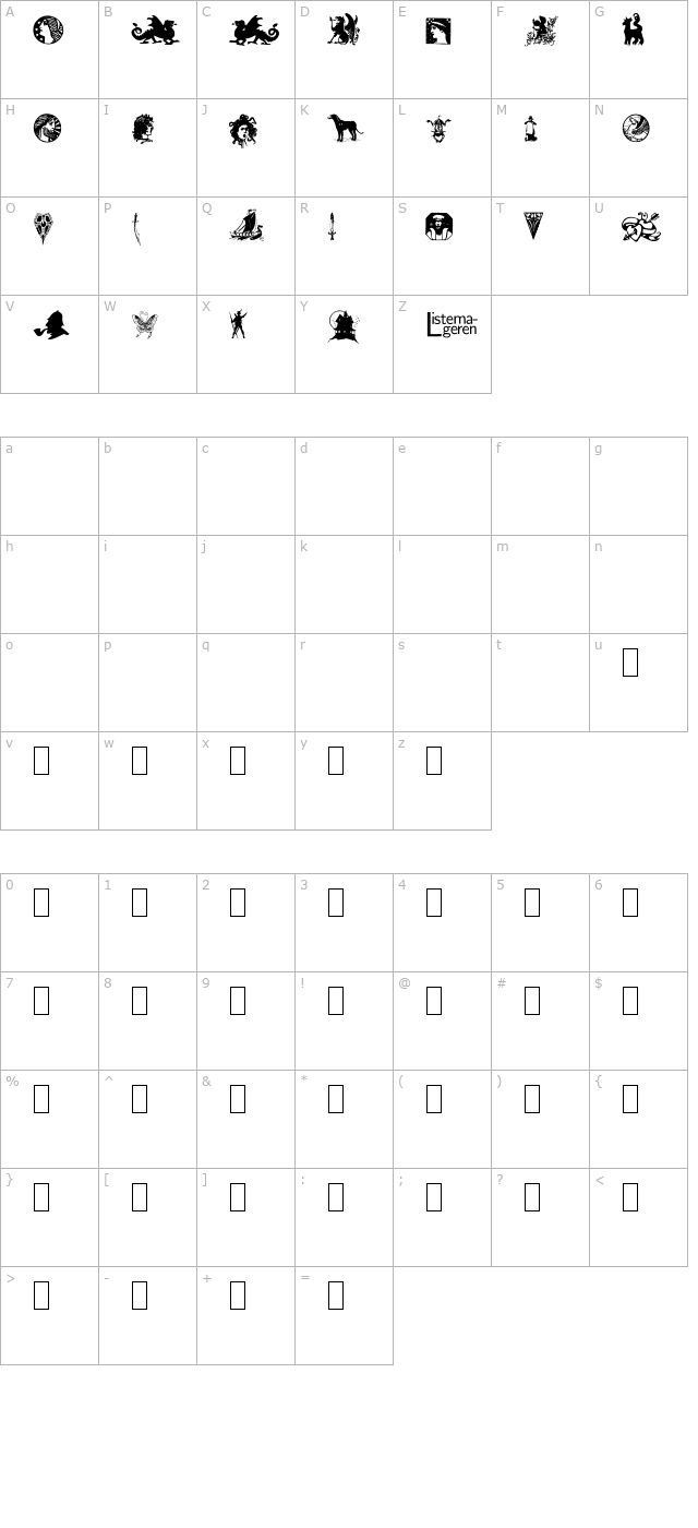 Listemagerens Dingbats 1 character map