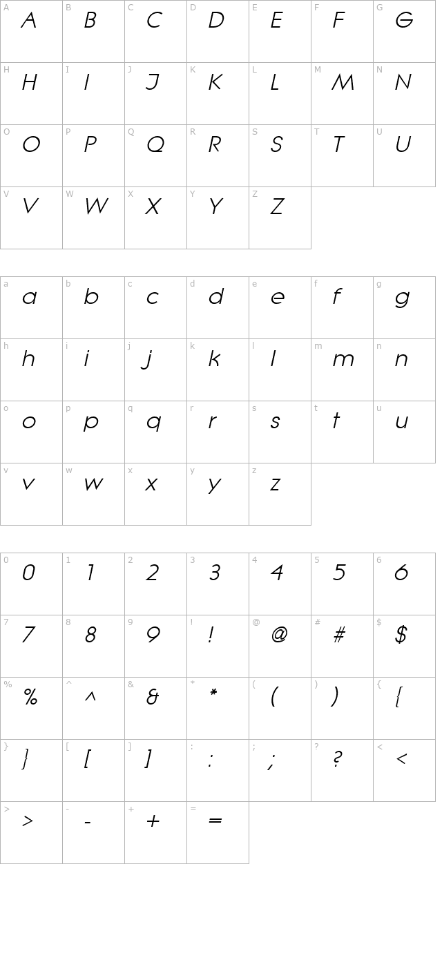 Lithe Italic character map