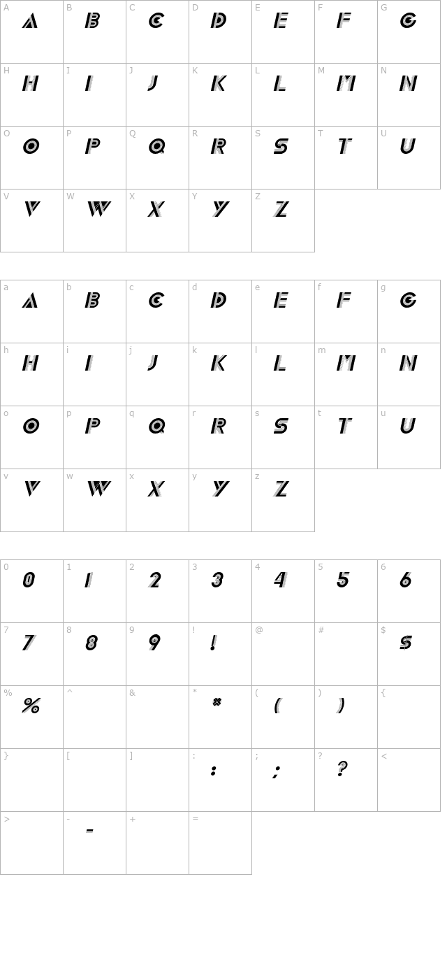 LivelyDisplayCaps Italic character map