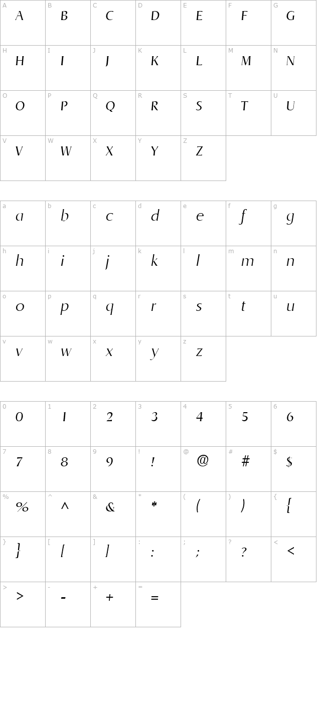 Llewelyn Light SF Italic character map