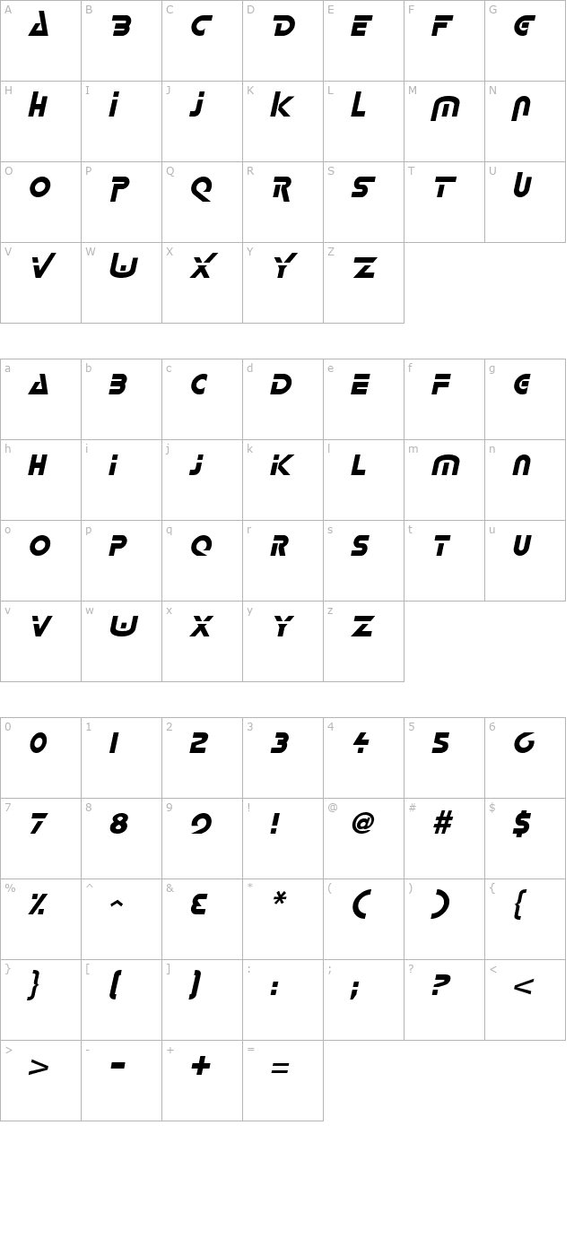 Logash Italic character map