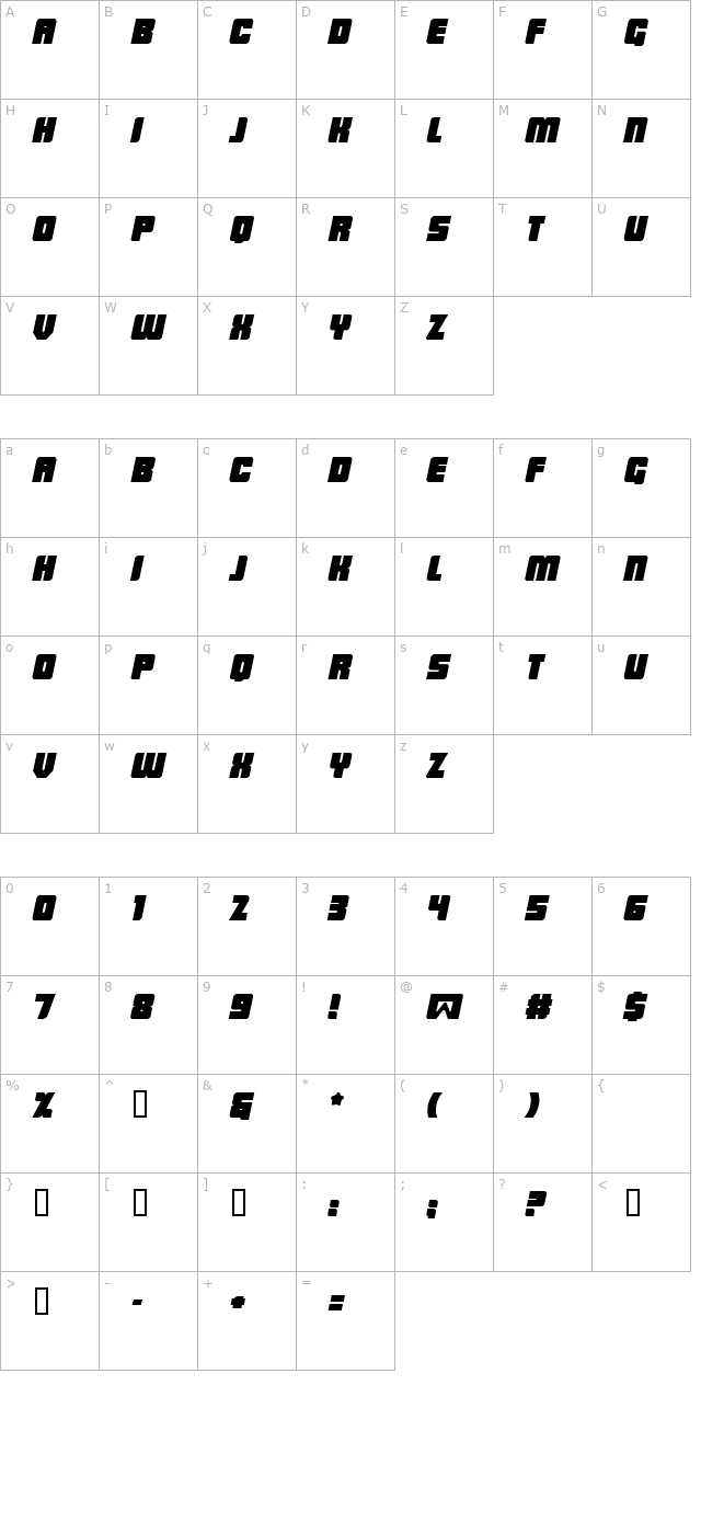 LowRider BB Italic character map