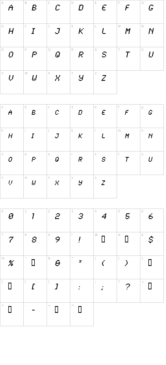 Lowtech Oblique character map