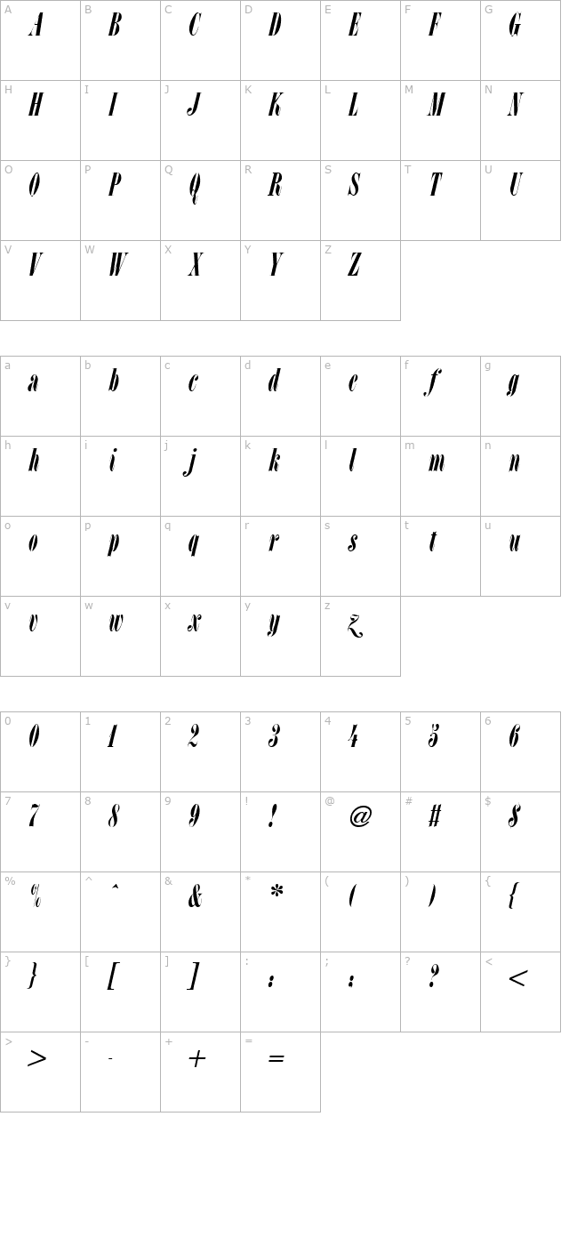 LSC Condensed Italic character map