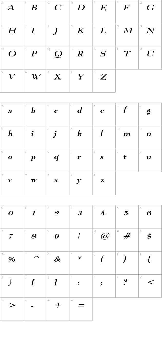 Luciano Wide Italic character map