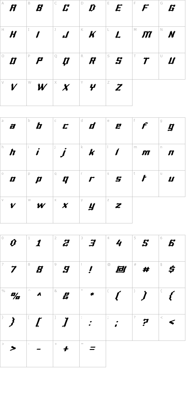 Luciferius Italic character map