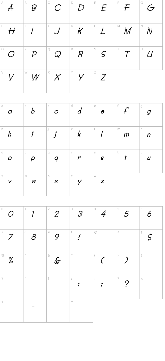 Lumparsky Italic character map