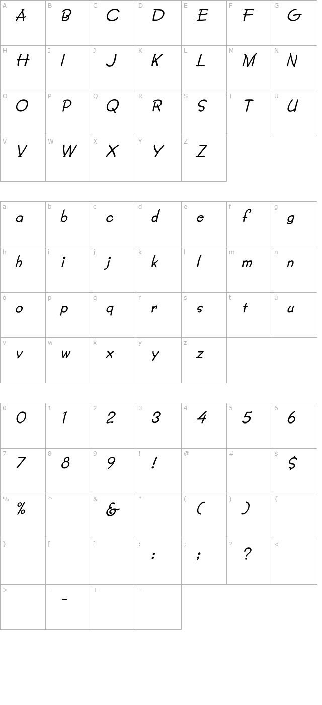 lumparsky-italic character map