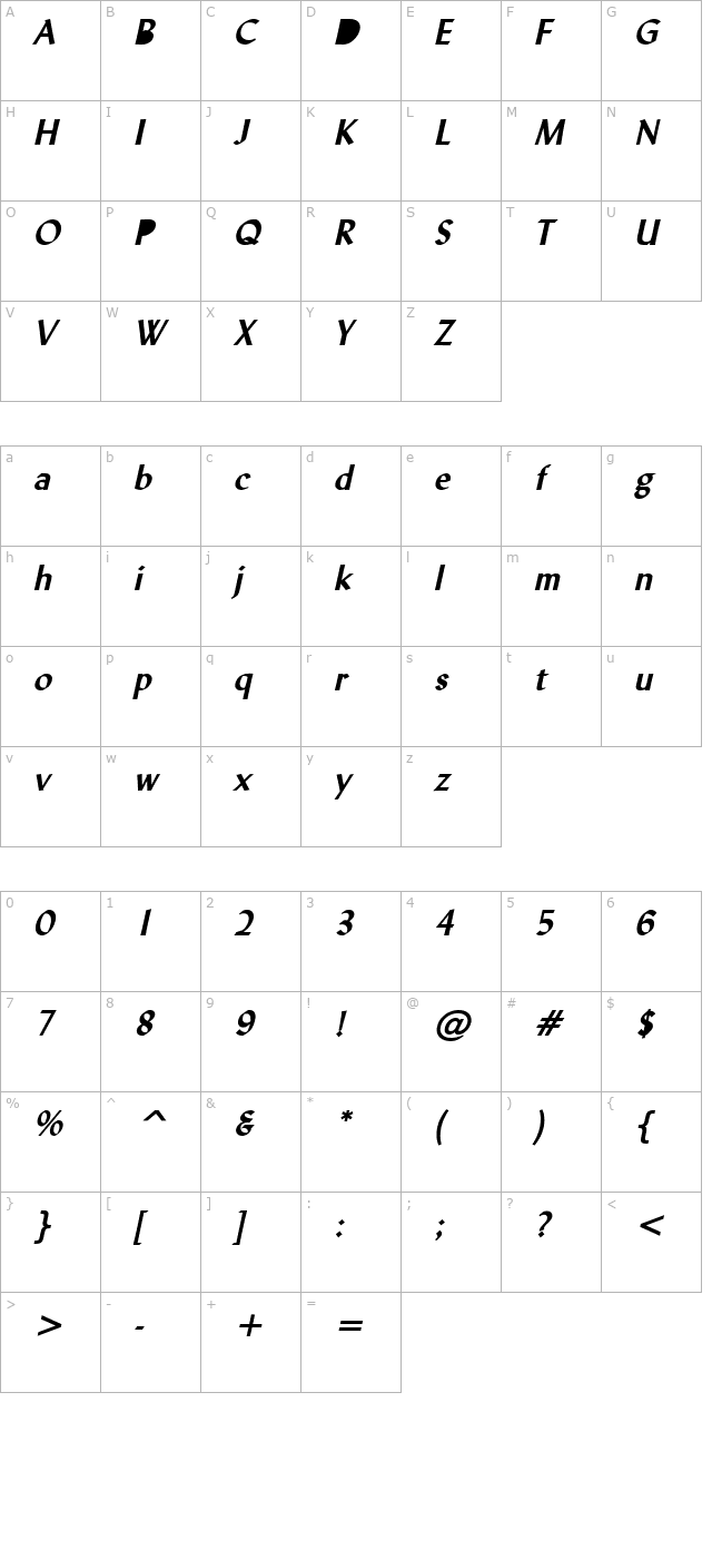 lynda-bold-italic character map