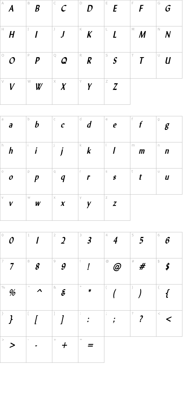 Lynda Condensed Bold Italic character map