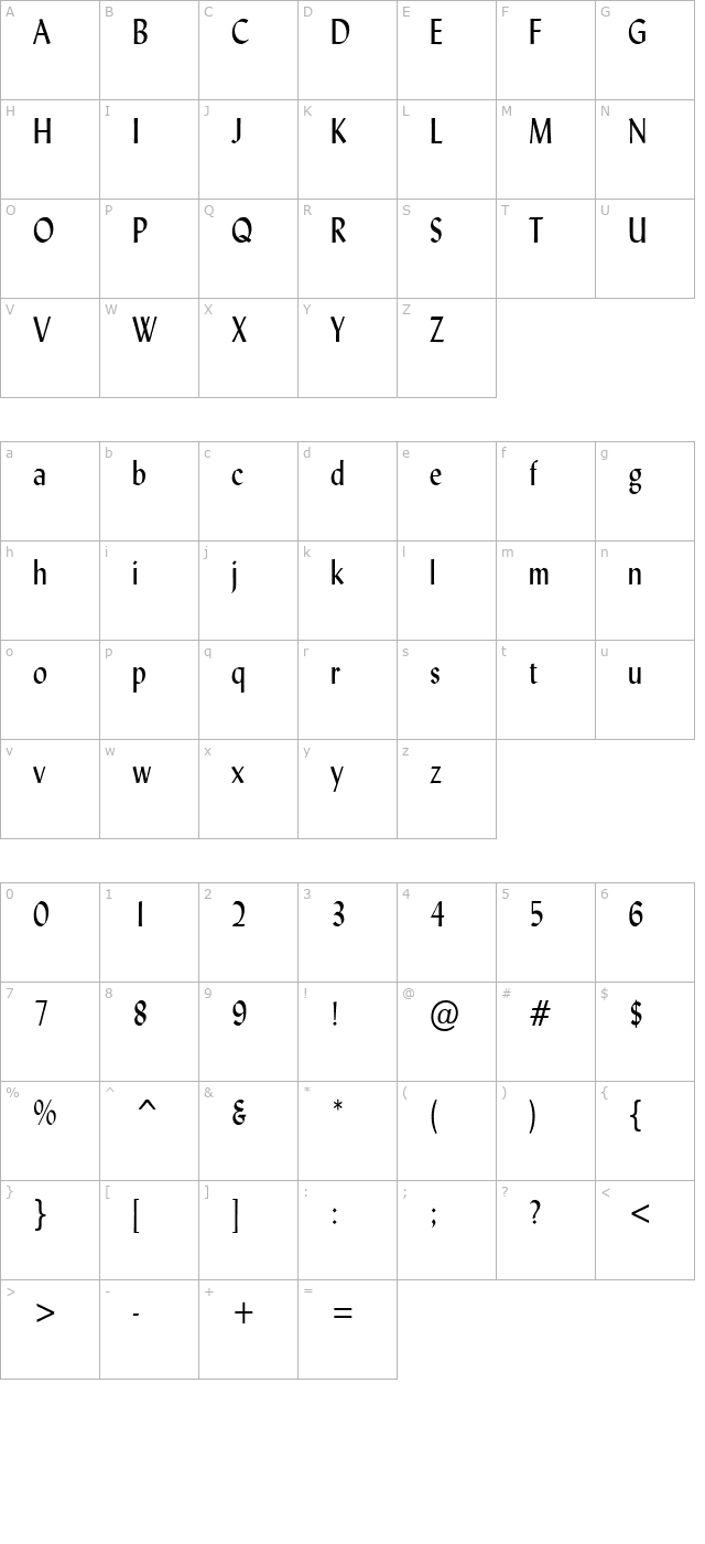 Lynda Condensed Normal character map