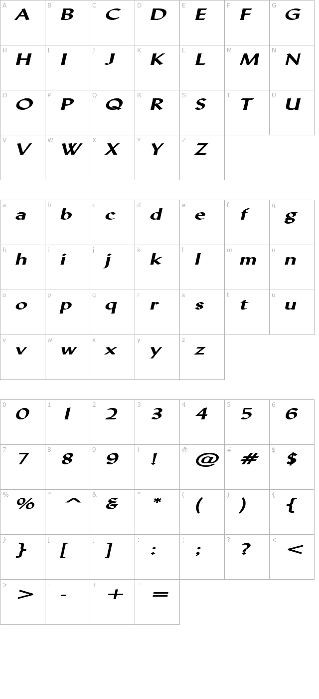 Lynda Extended Bold Italic character map