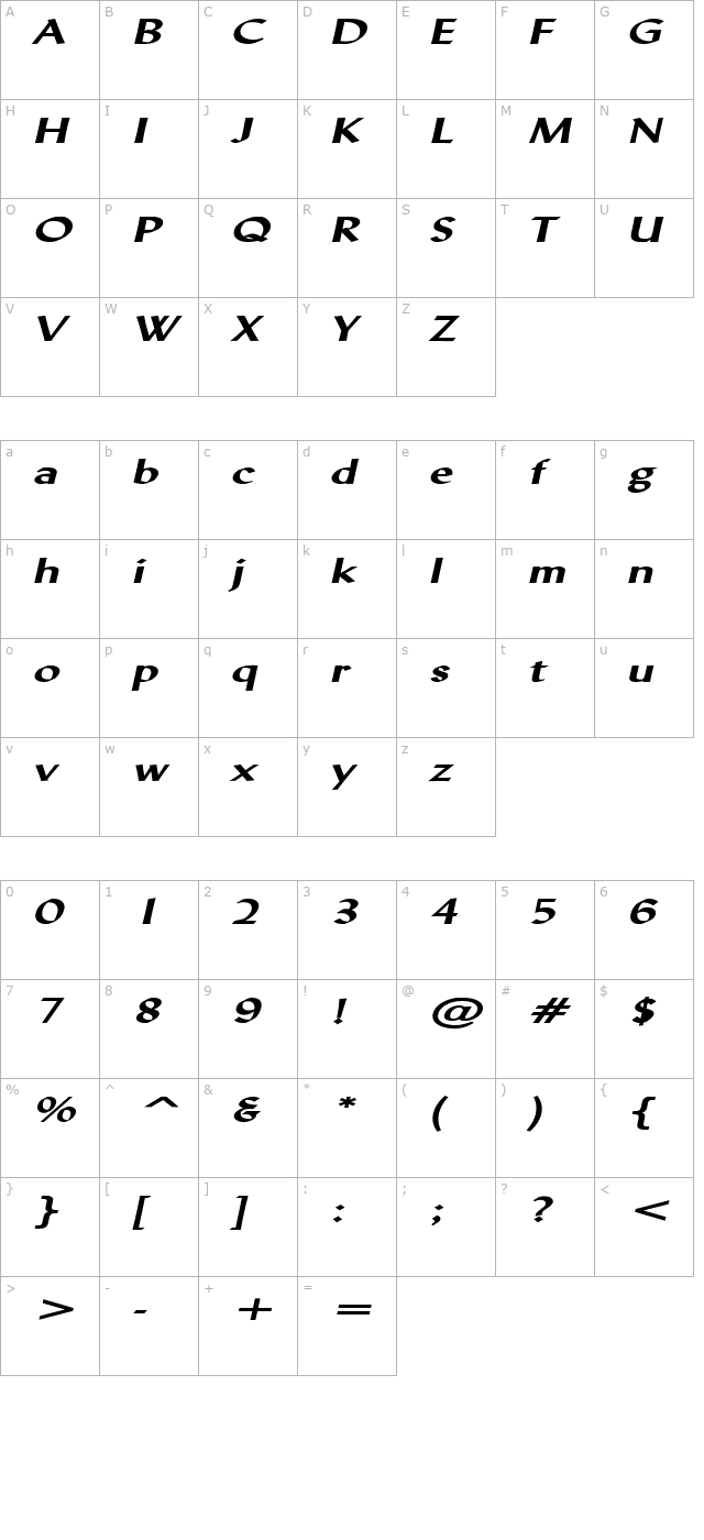 lynda-extended-bold-italic character map