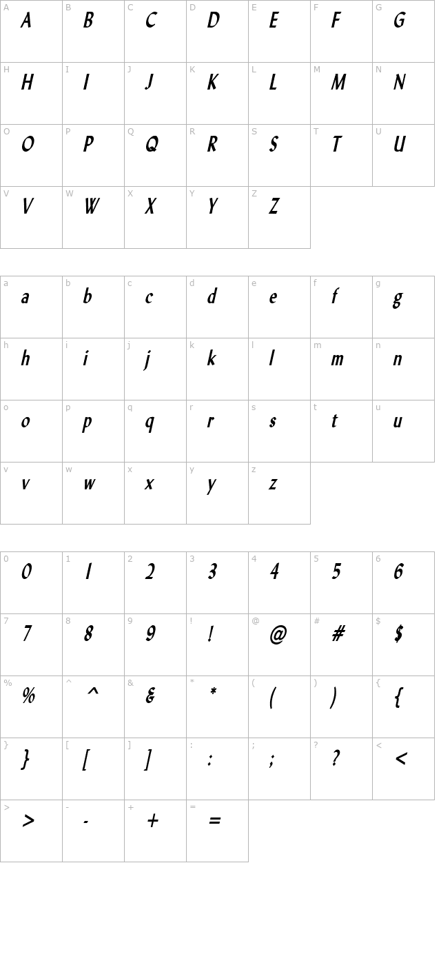 lynda-thin-bold-italic character map