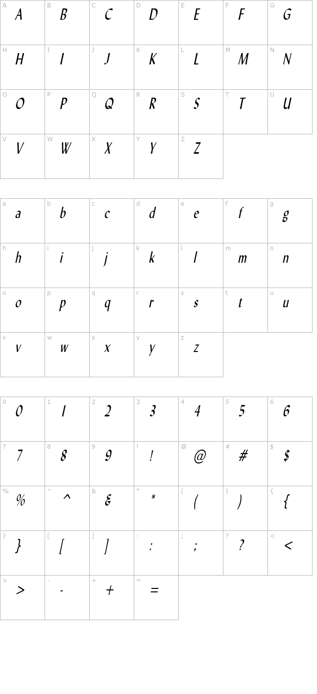 Lynda Thin Italic character map