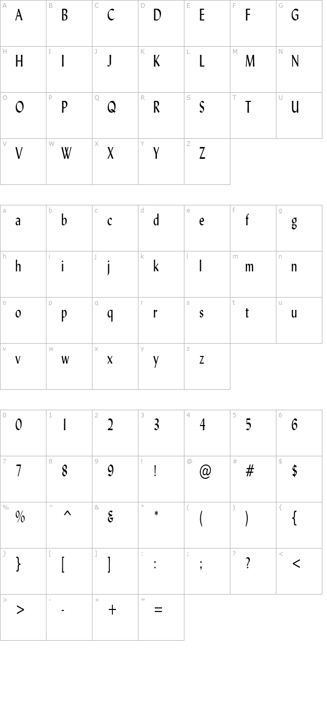 lynda-thin-normal character map