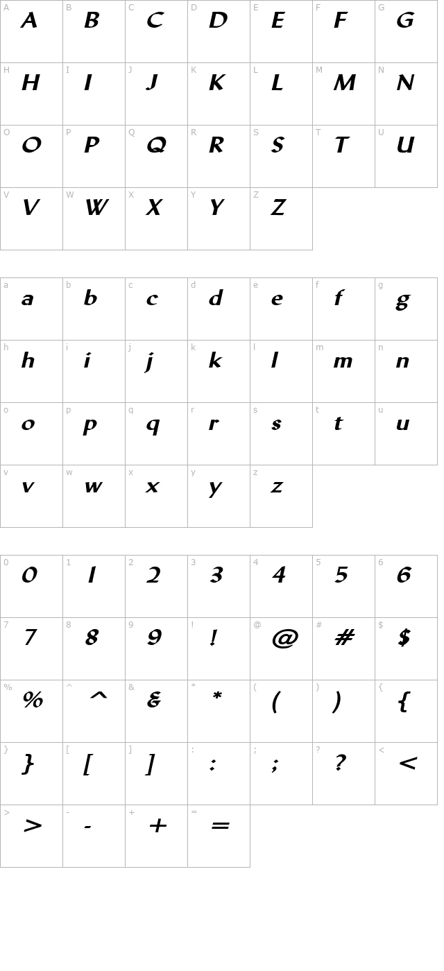 lynda-wide-bold-italic character map