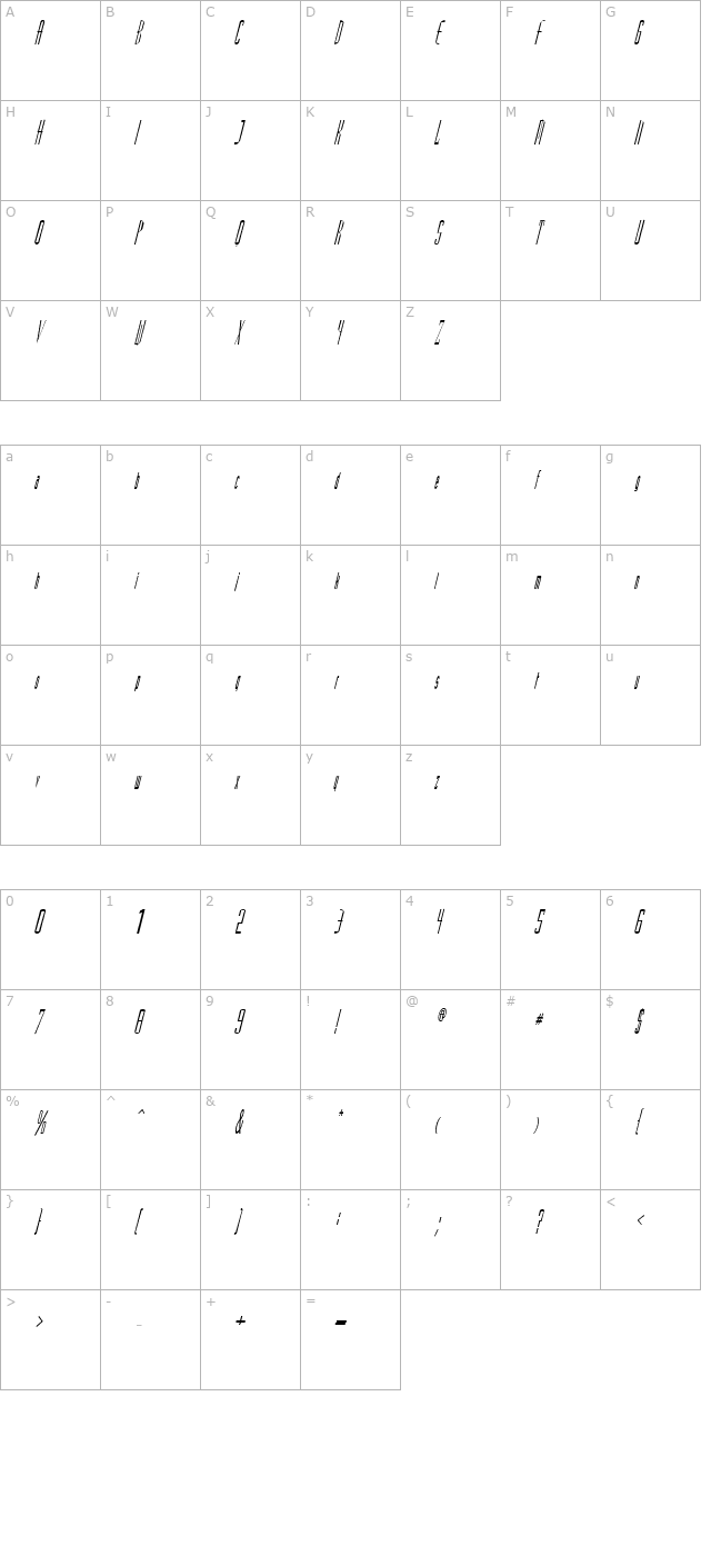 Madrid Italic character map