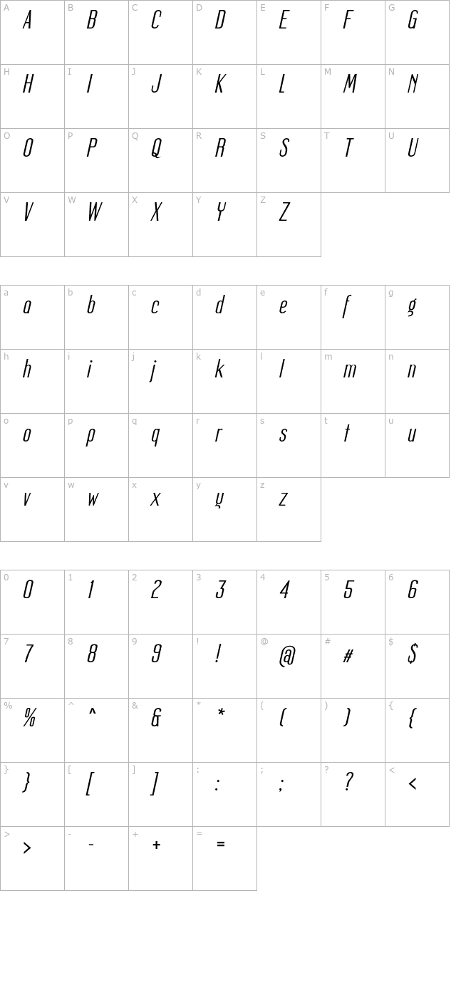 mager-italic character map