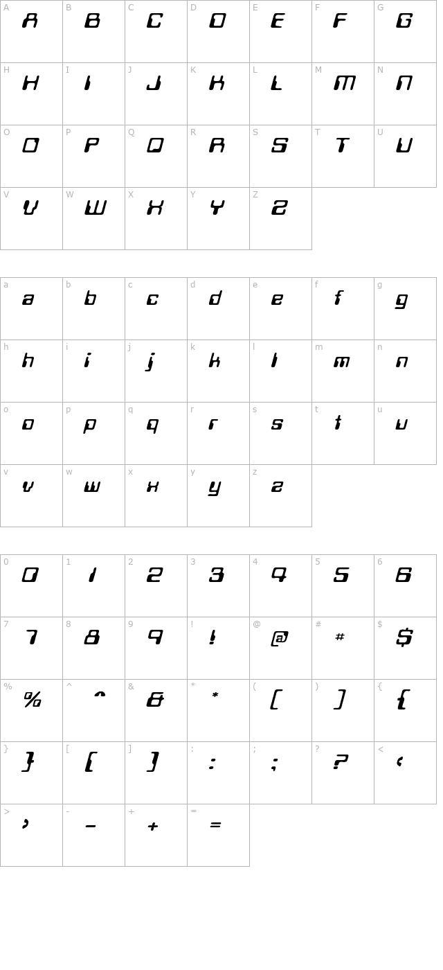 MagneticCardWide Italic character map