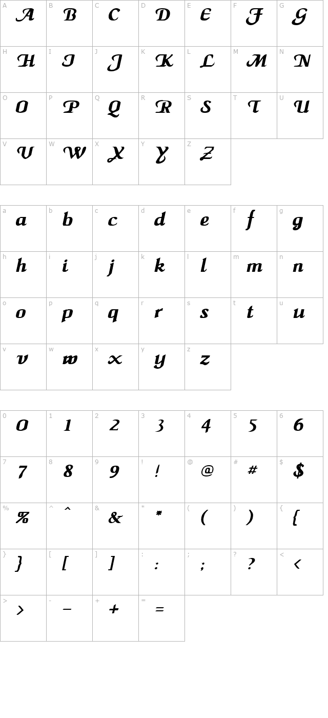 maidenword-bolditalic character map