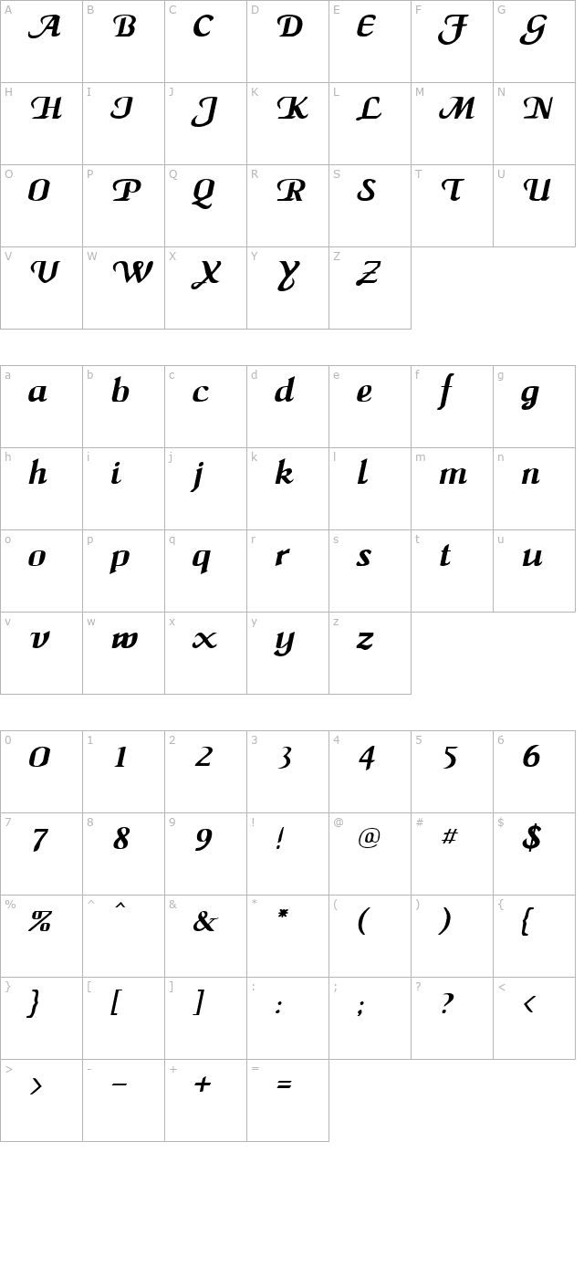 maidenword-italic character map