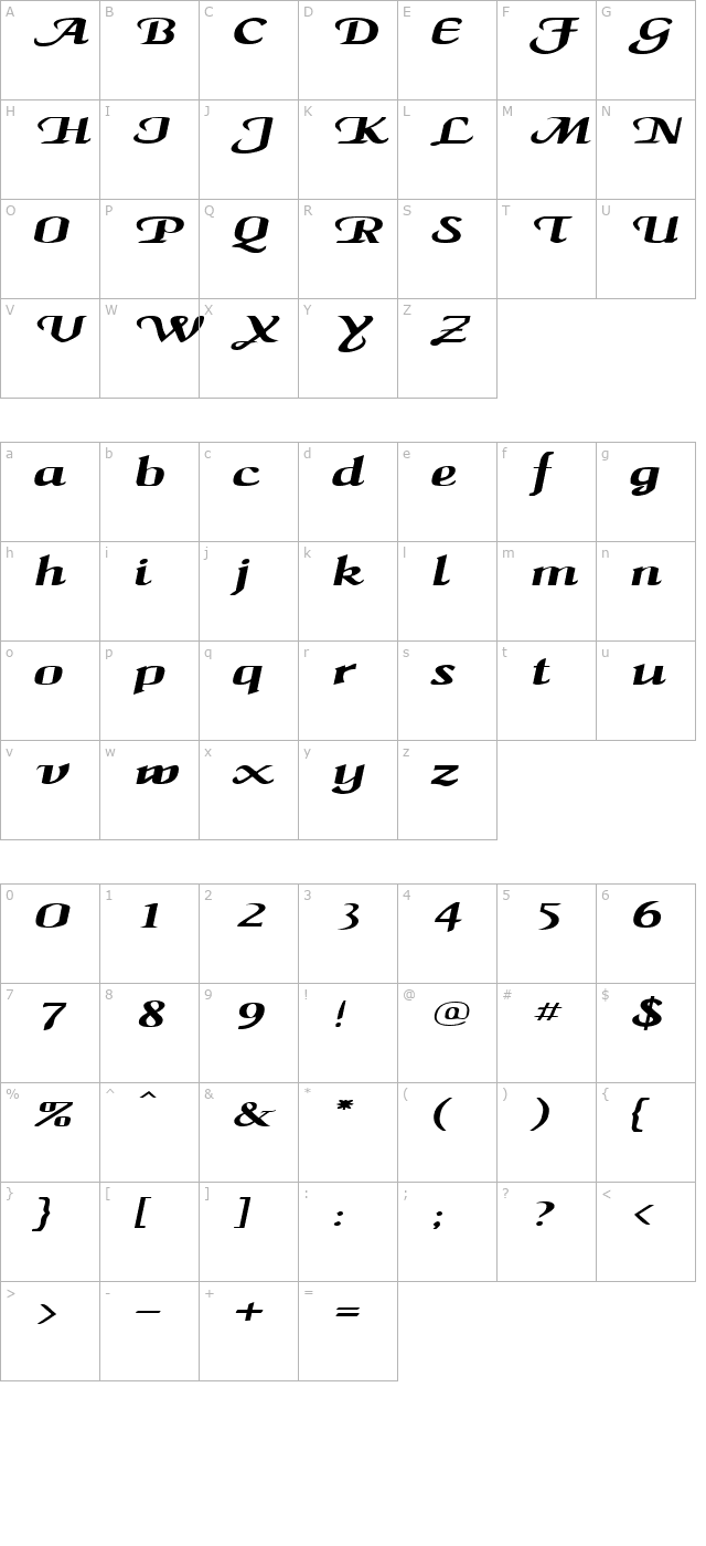 MaidenWordExtended Italic character map