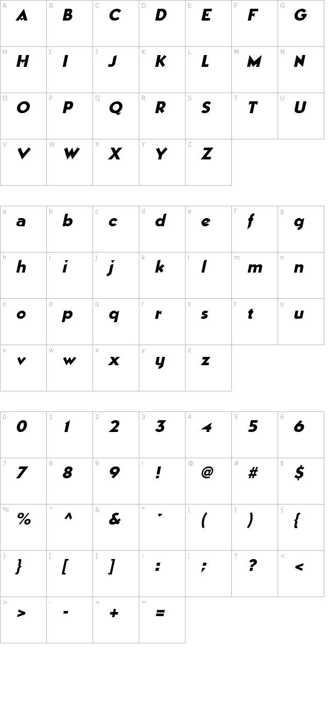 manhattan-italic character map