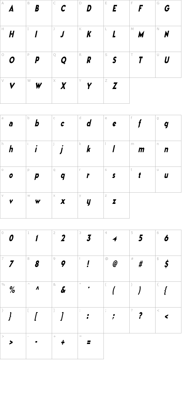 ManhattanCondensed Italic character map