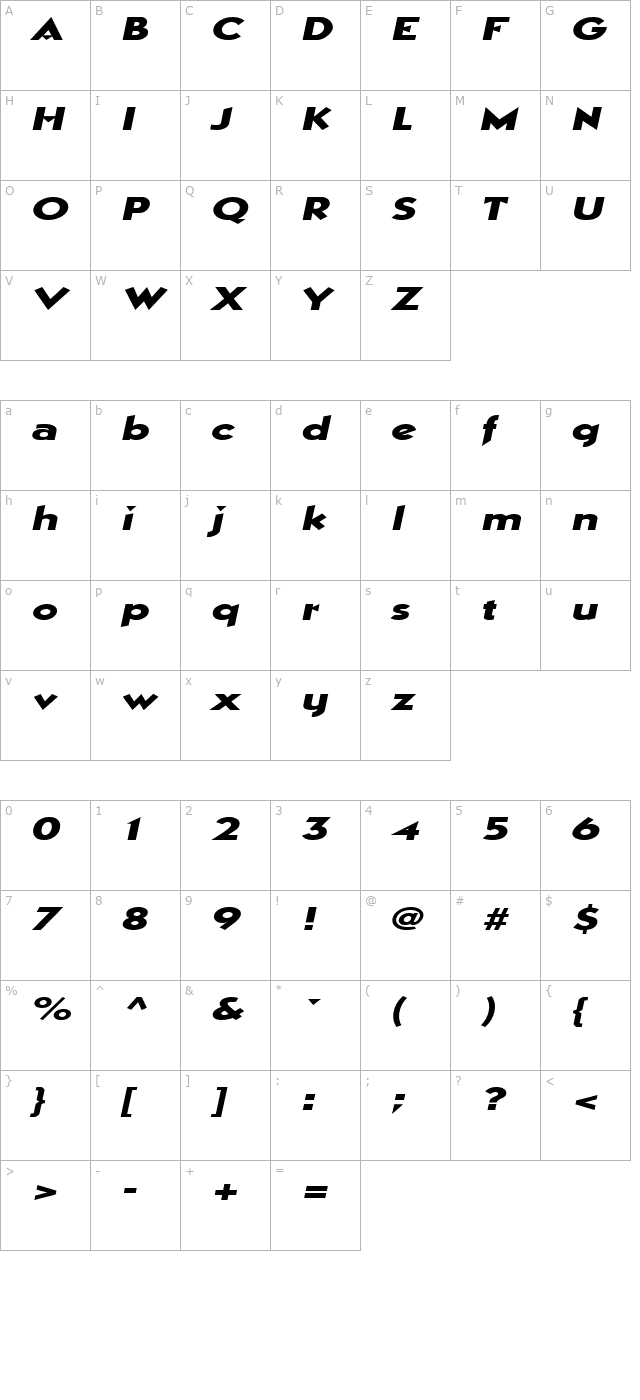 manhattanextended-italic character map