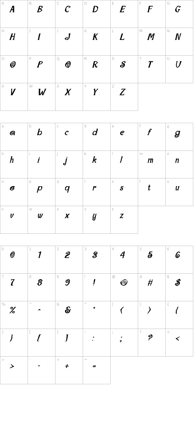 maraca-extrabold-italic character map