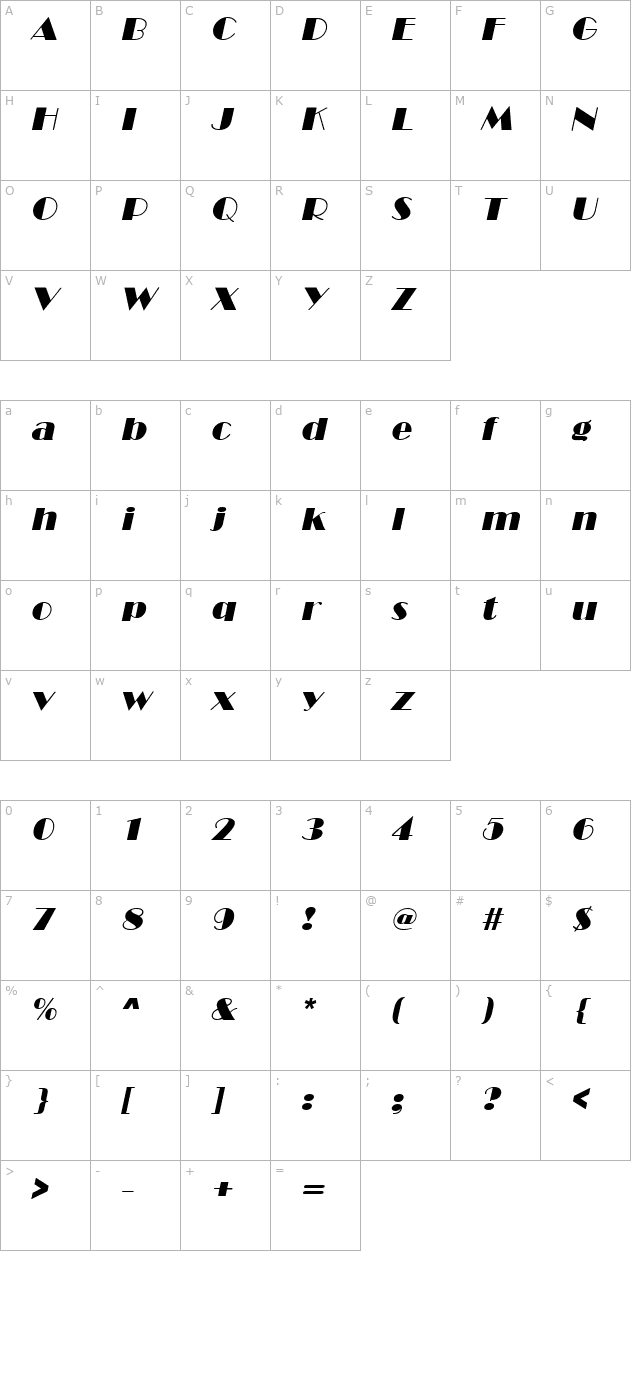 Marquee Italic character map