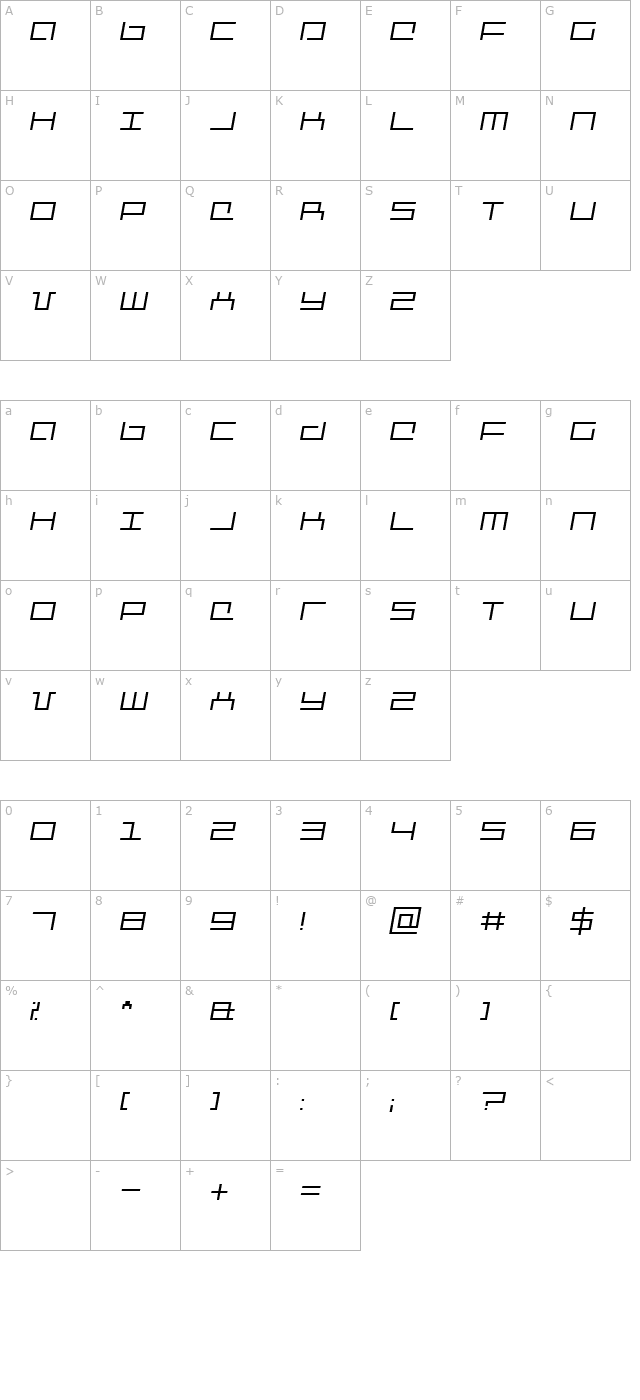 Mechanic Italic character map