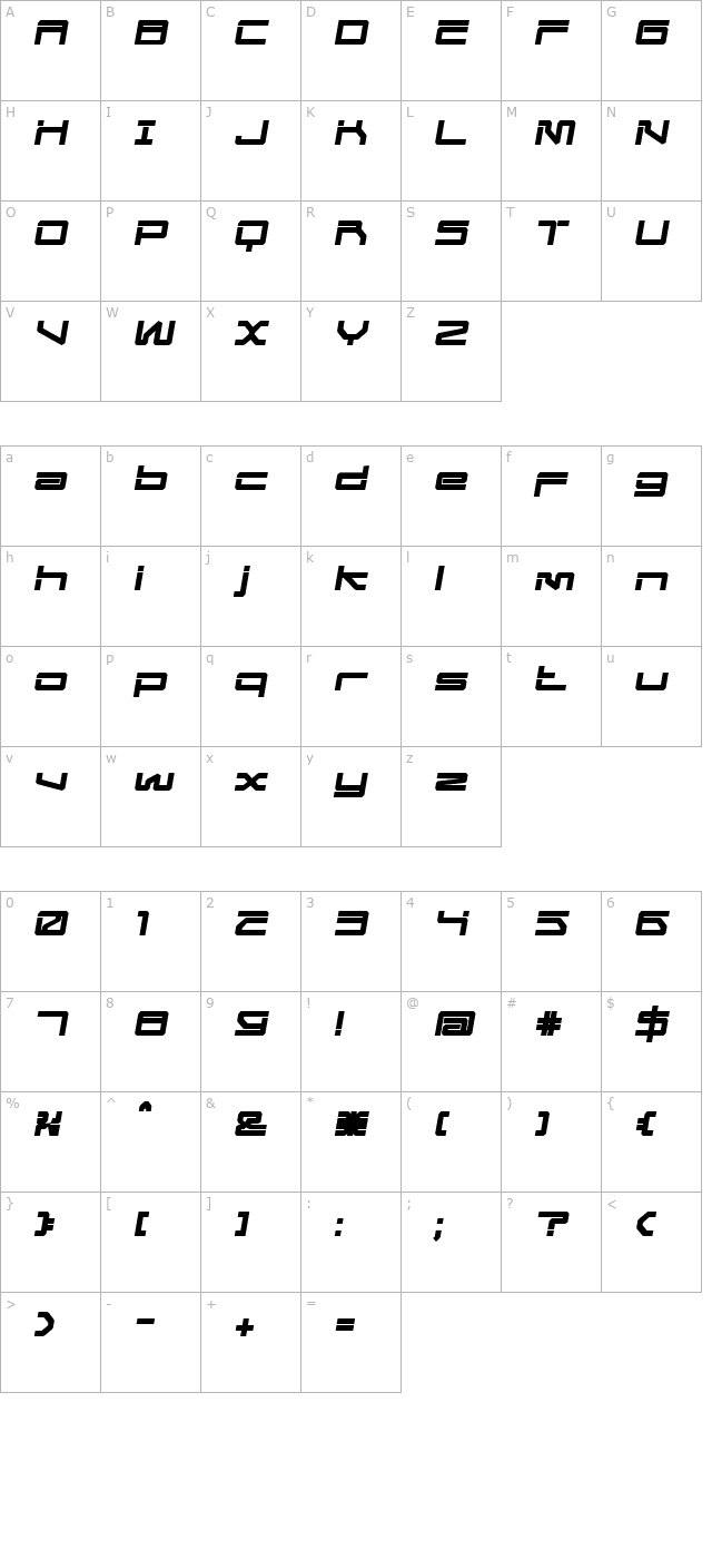 mechwarbold-oblique character map