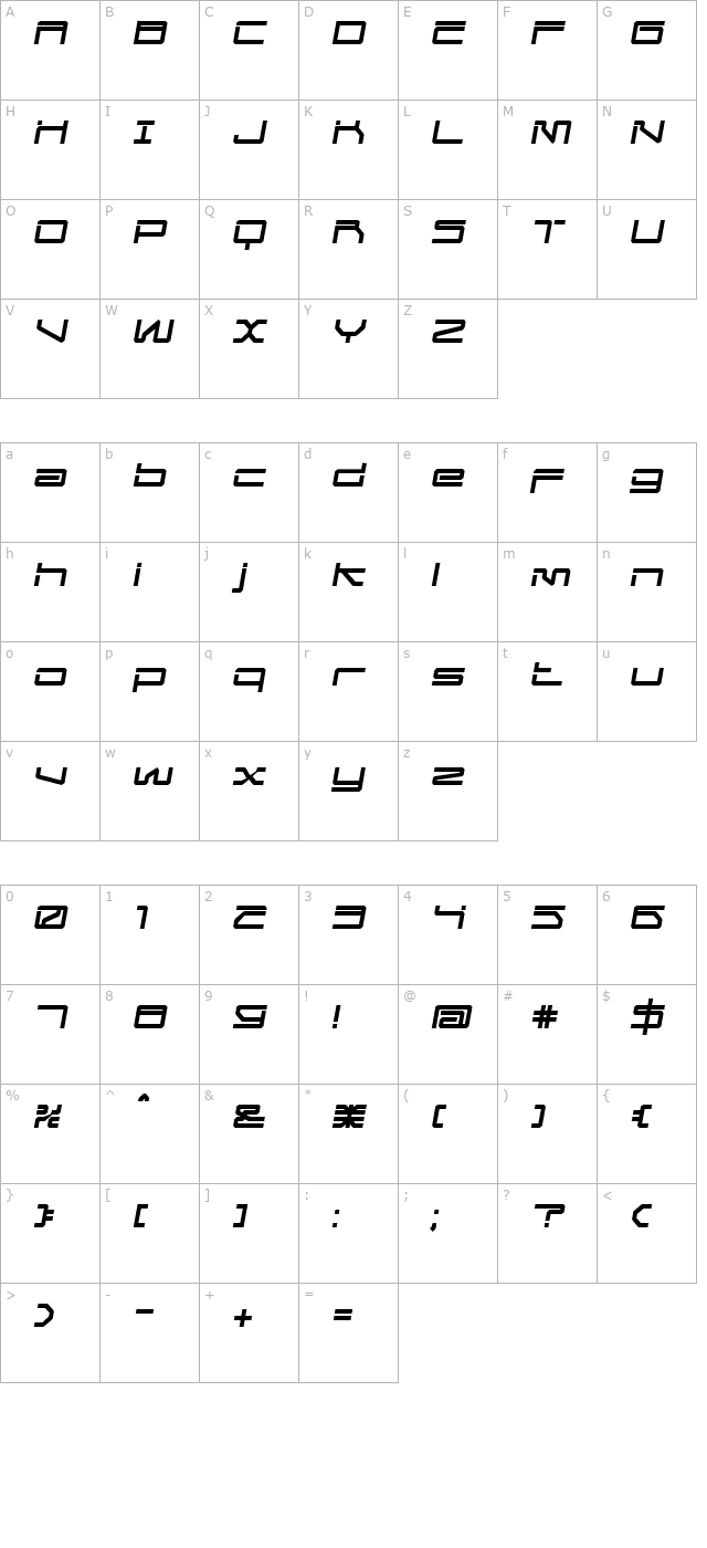 MechwarRegular Oblique character map