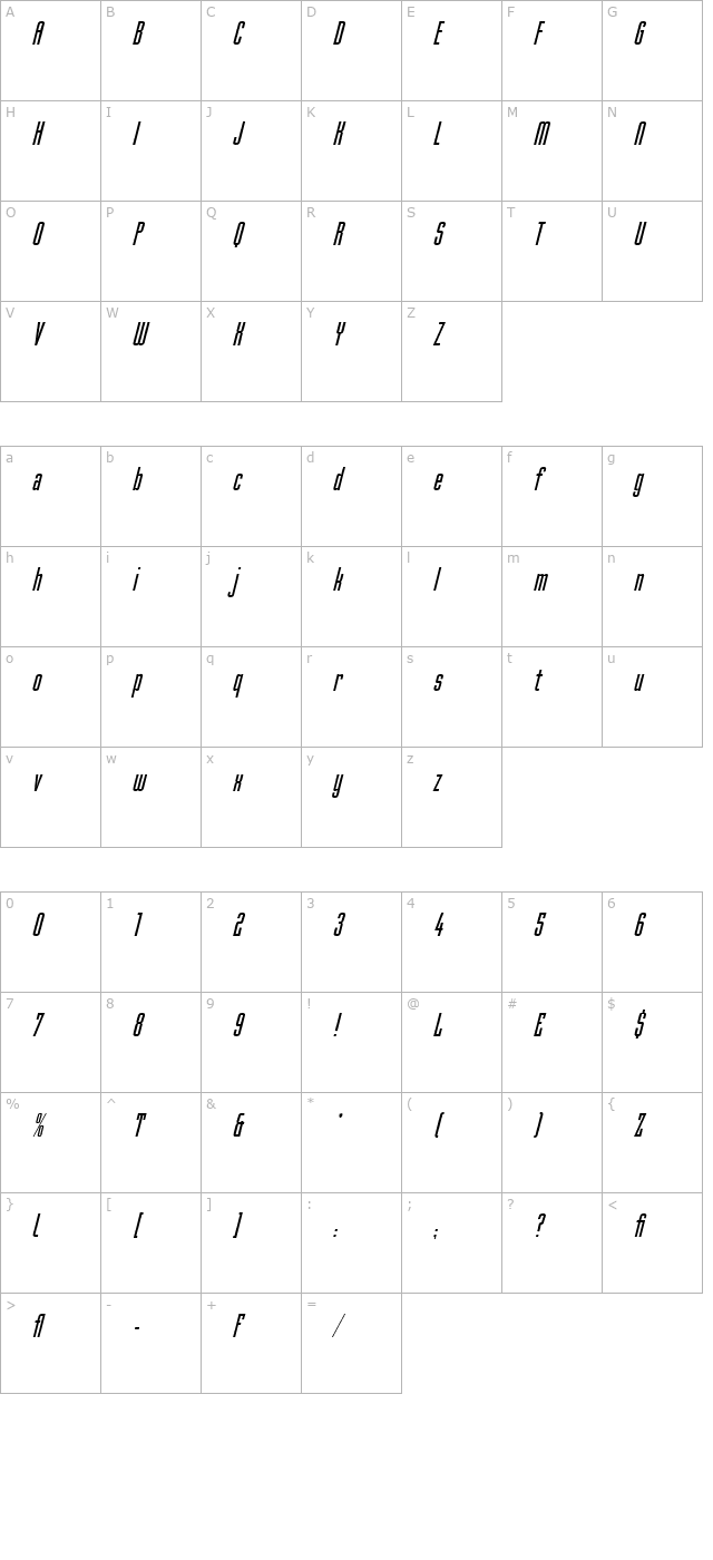 Mekanik Italic LET Plain1.0 character map