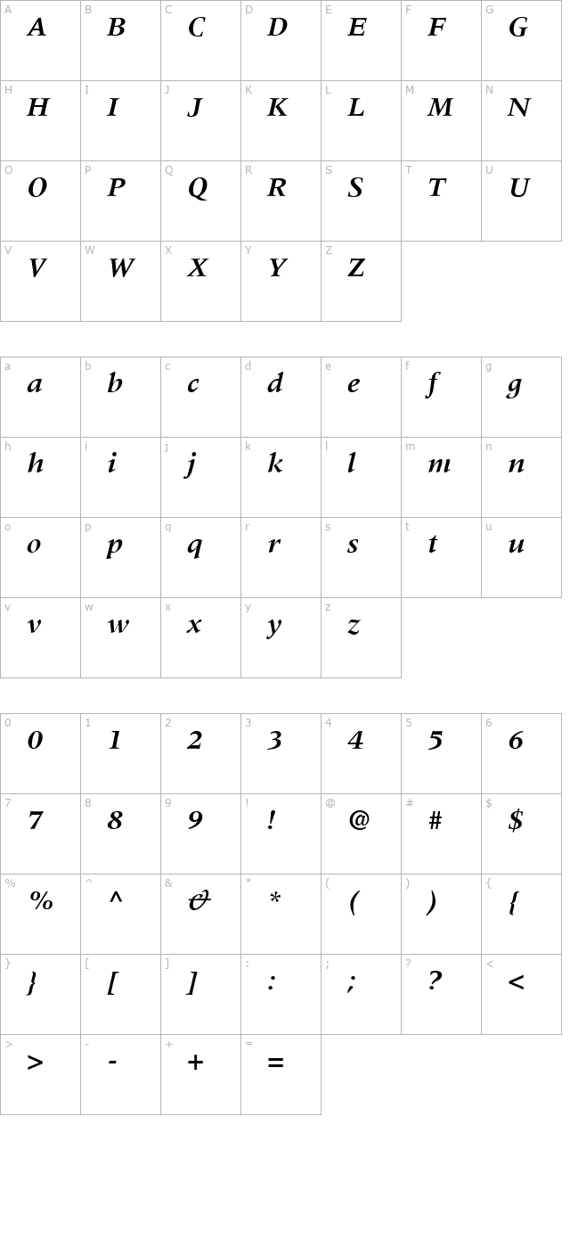 meridien-bold-italic character map