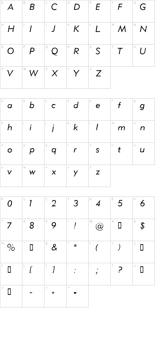 Metro Lite Oblique HPLHS character map