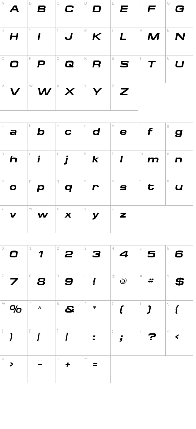 MicroExtendFLF-BoldItalic character map