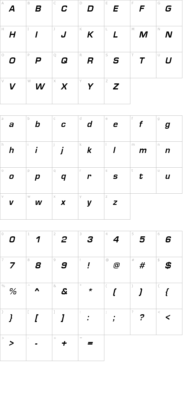 MicroSquare Bold Italic character map