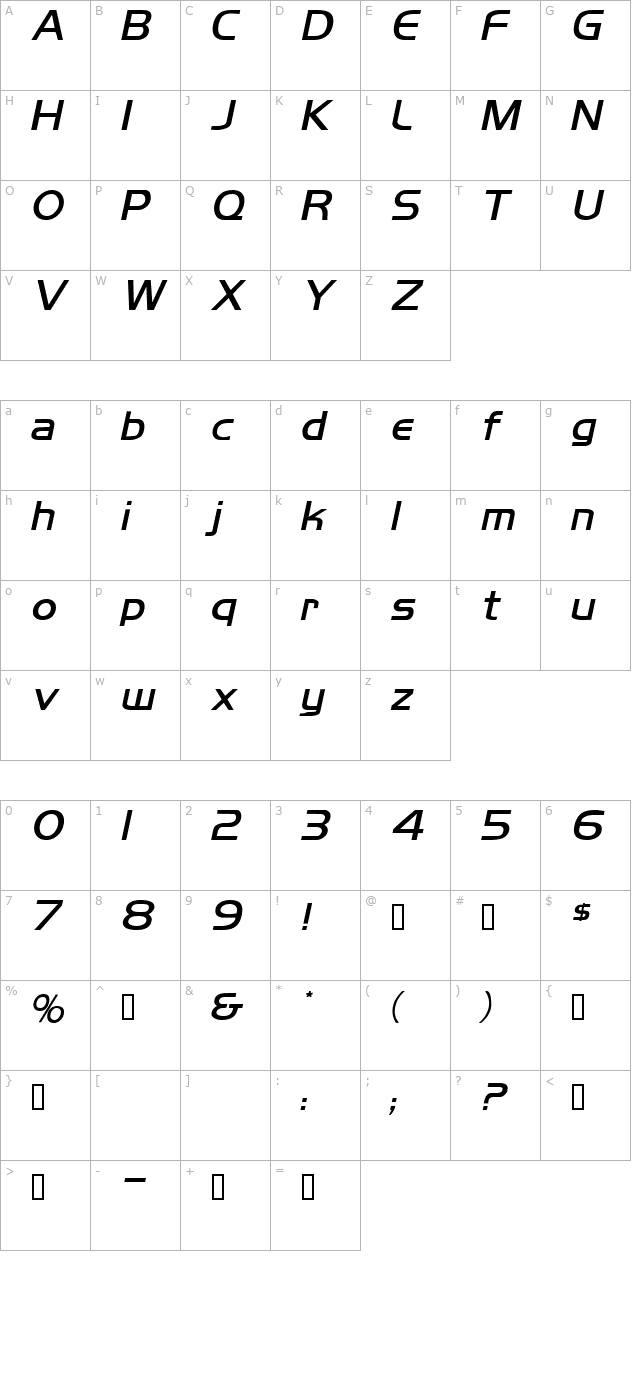 Mikity BoldItalic character map