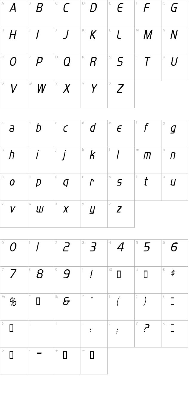 MikityCondensed Italic character map