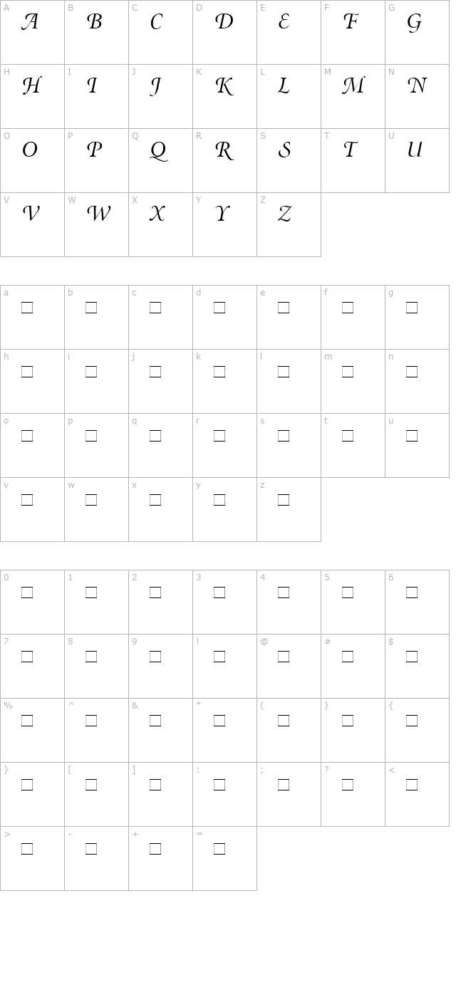 miniondisplayswash-italic character map