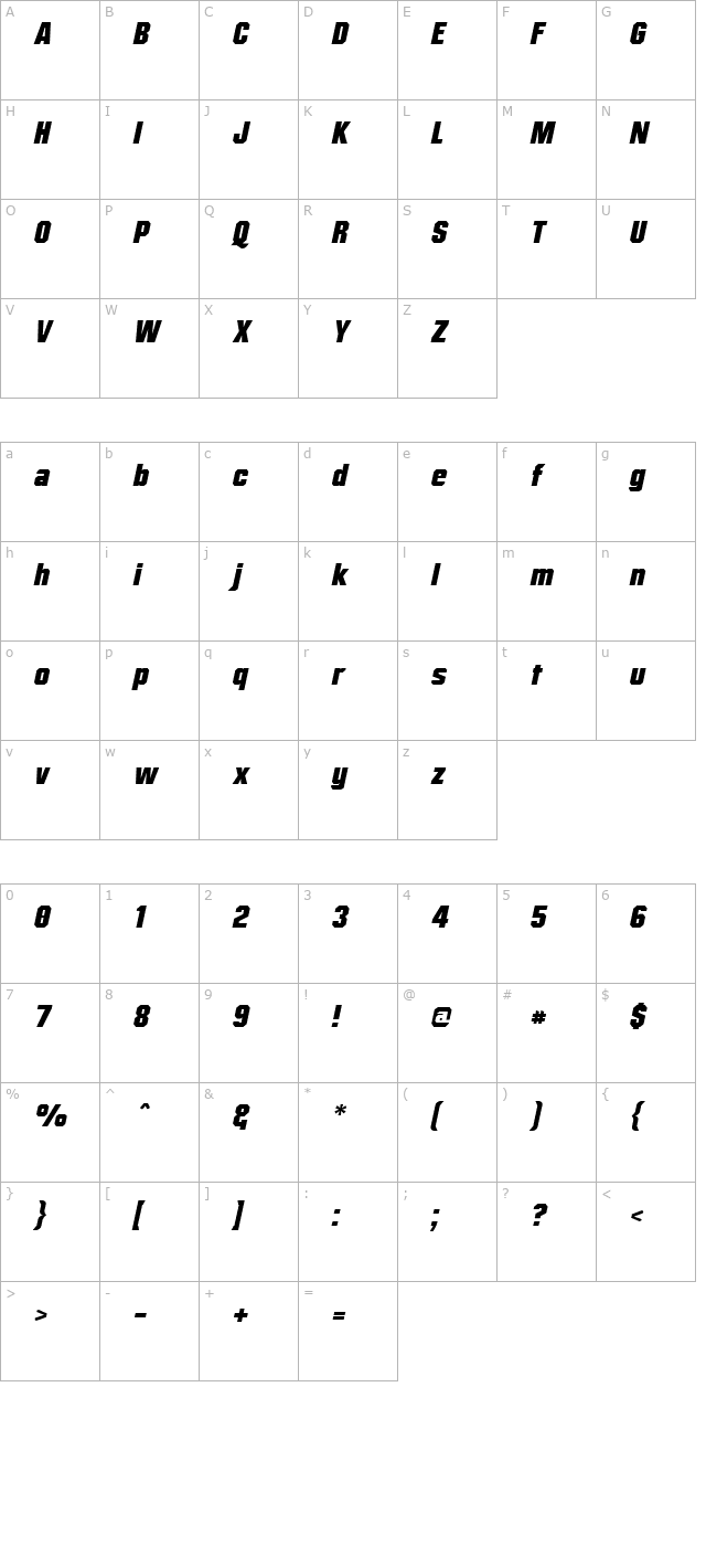 Mister Belvedere Oblique character map