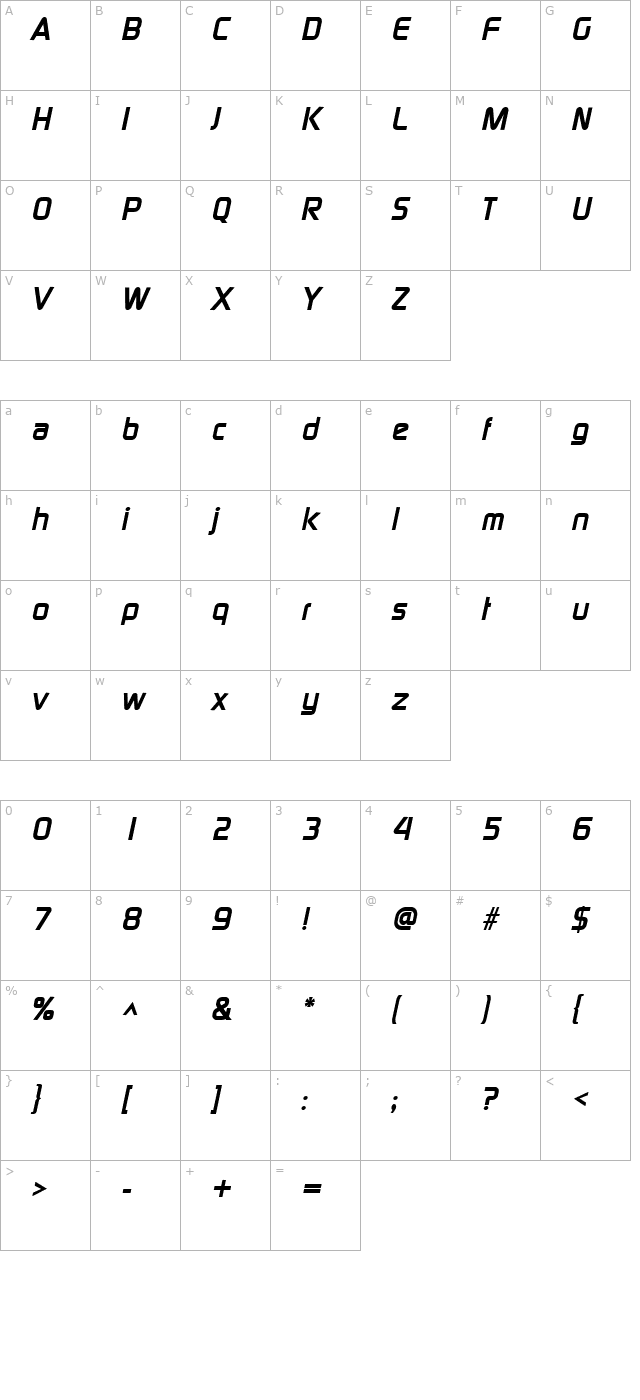 modaerne-bold-italic character map